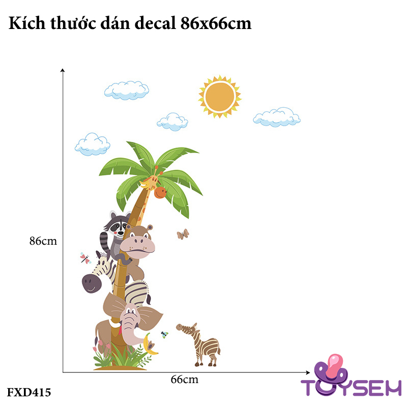 Decal trang trí cây dừa và con thú họa tiết hoạt hình dễ thương trang trí phòng bé, trường mầm non - Quà tặng sinh nhật