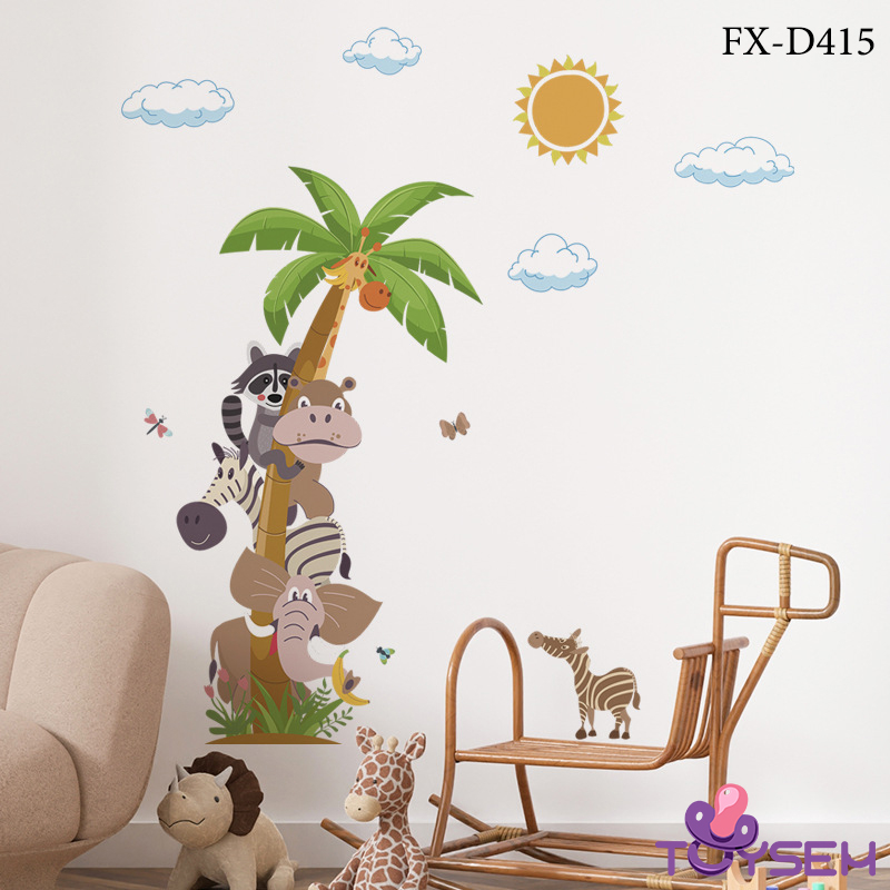 Decal trang trí cây dừa và con thú họa tiết hoạt hình dễ thương trang trí phòng bé, trường mầm non - Quà tặng sinh nhật