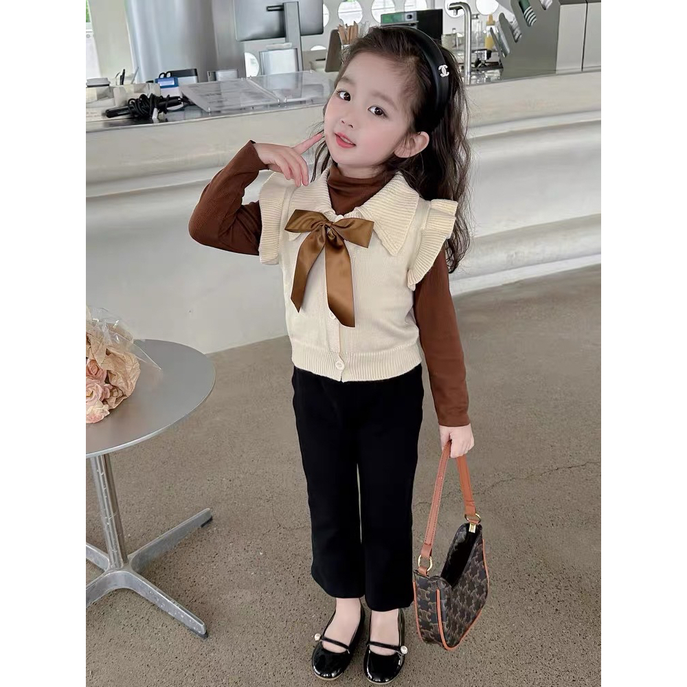 A001 Áo gile len cổ nơ nâu cho bé từ 8-20kg