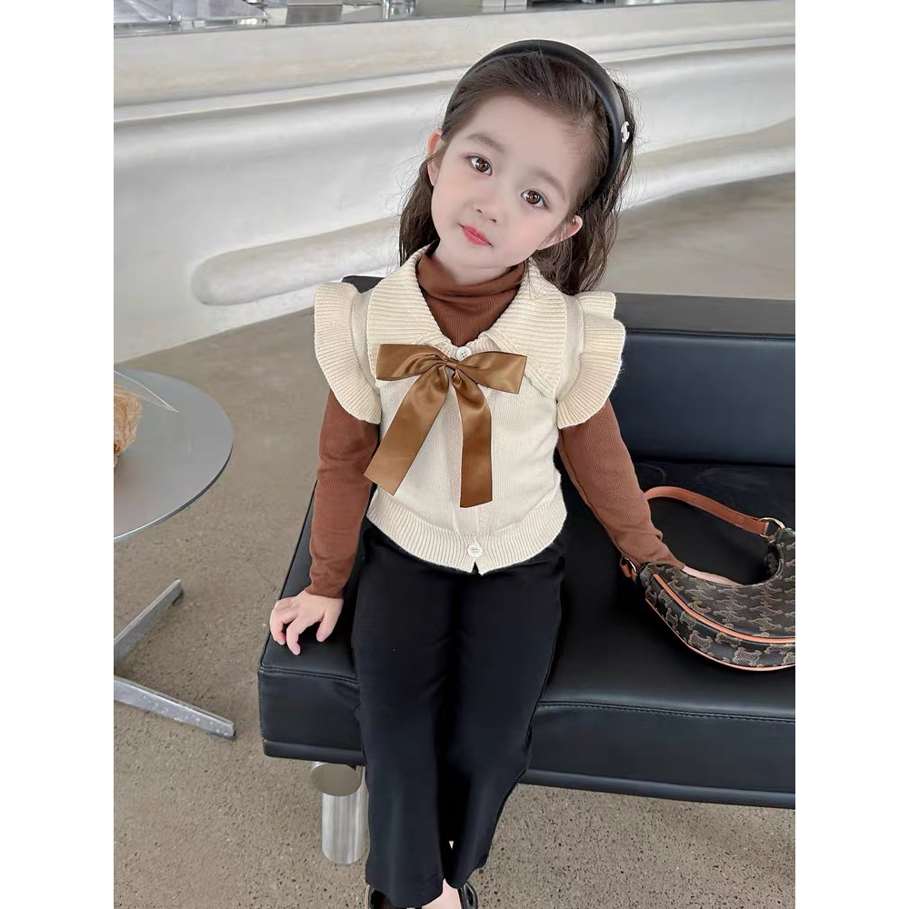 A001 Áo gile len cổ nơ nâu cho bé từ 8-20kg