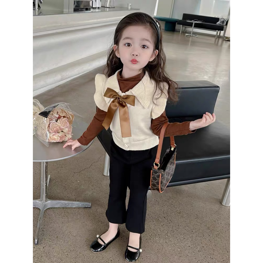 A001 Áo gile len cổ nơ nâu cho bé từ 8-20kg