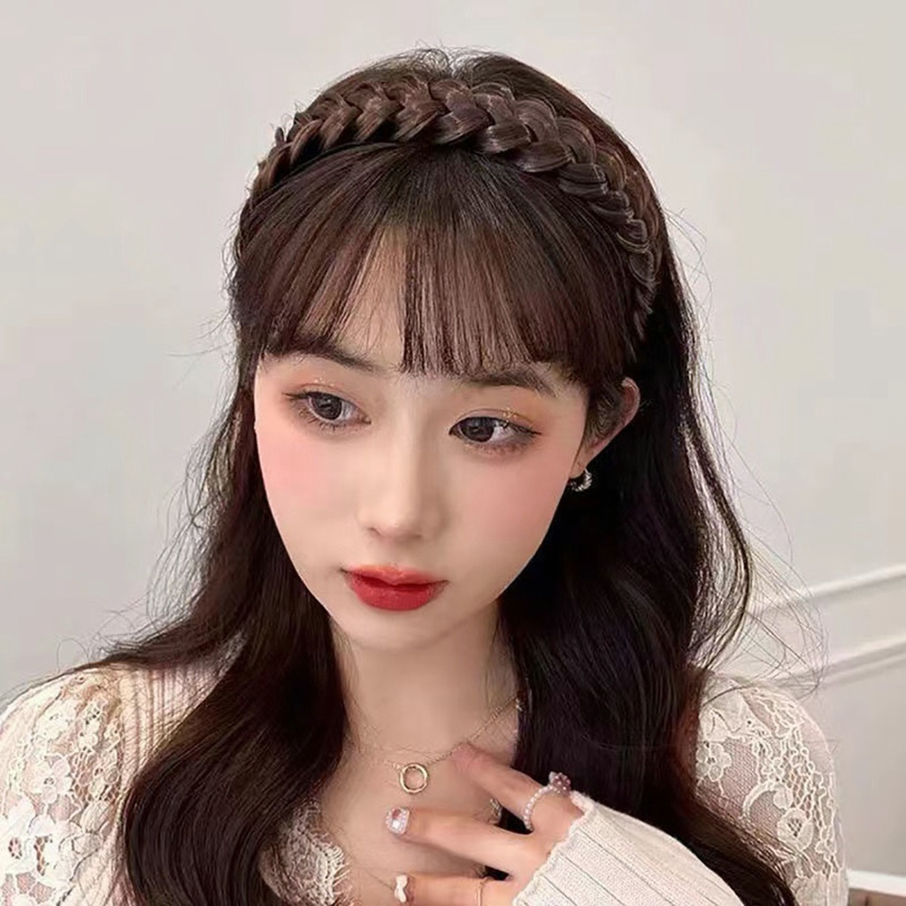 🍒🍒CHERRYKOKO Băng Đô Tóc Giả Kiểu Tóc Tết Bím Tự Nhiên Có Mái Bằng Tóc Giả Cho Nữ