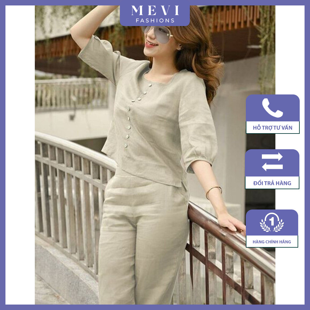 Set bộ ghi nhạt áo tay lỡ quần dài trẻ trung chất liệu Linen_S7091
