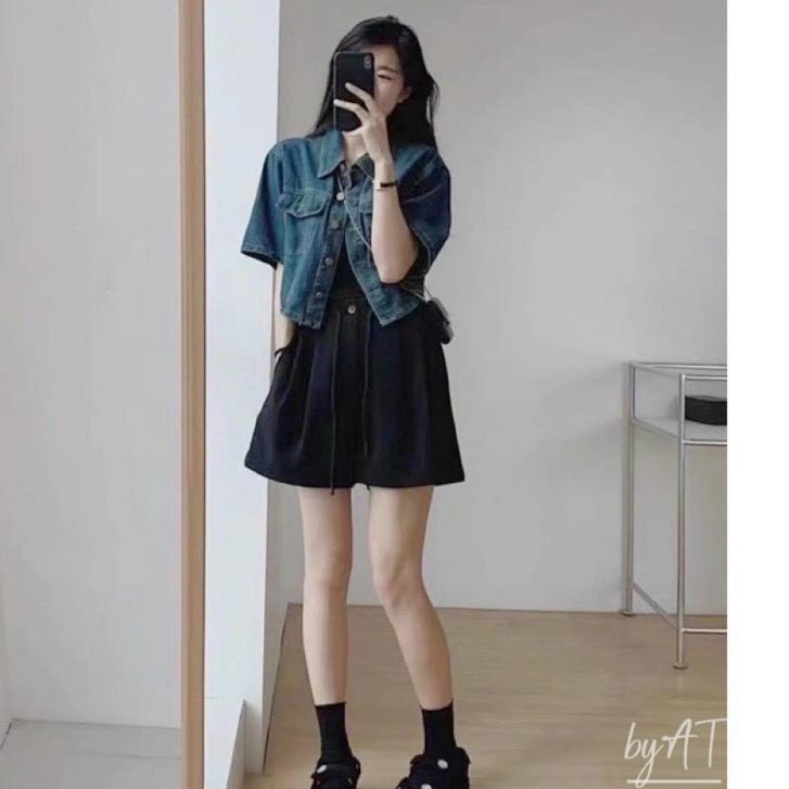 Áo jean croptop tay ngắn phối cúc nổi bạt MaiA Aojeancrt
