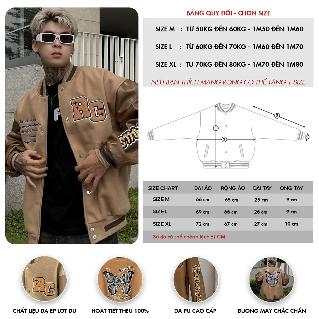 Áo khoác Bomber thêu RG shadow Butterfly áo bomber chất nỉ 2 lớp phối tay da Pu - Gin Store