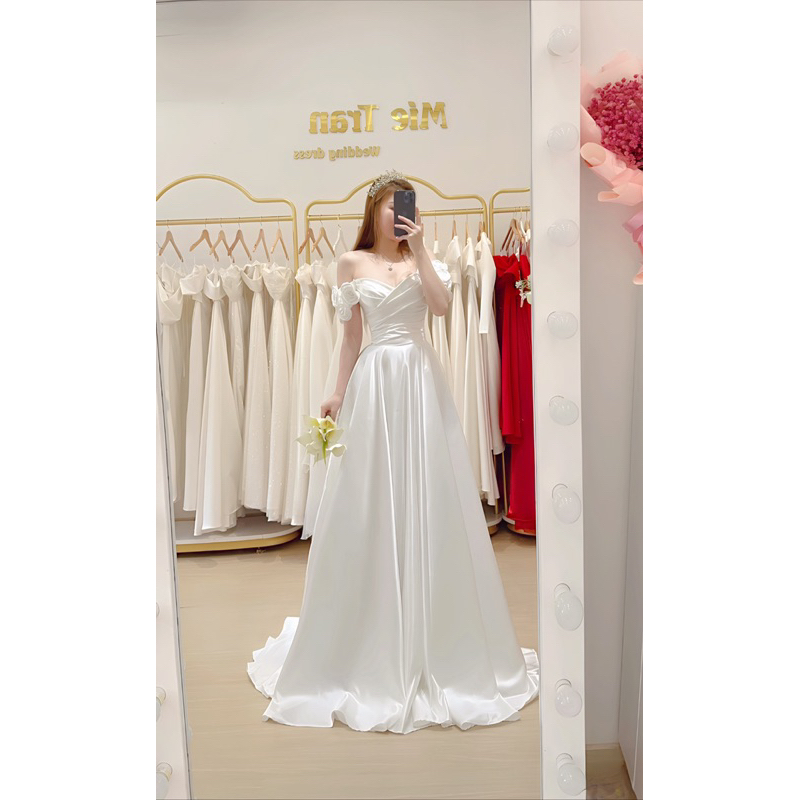 CDp195- Váy cưới bàn trễ vai hoa , váy cưới Mie tran , đầm cô dâu