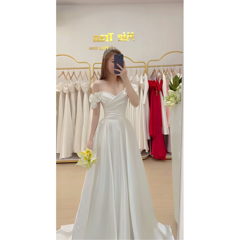 CDp195- Váy cưới bàn trễ vai hoa , váy cưới Mie tran , đầm cô dâu