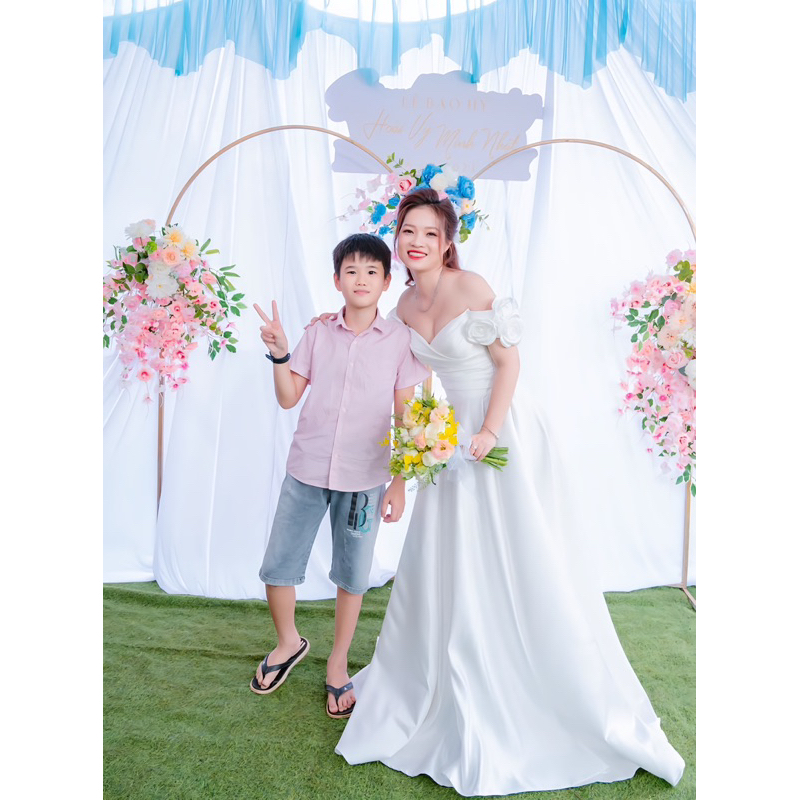 CDp195- Váy cưới bàn trễ vai hoa , váy cưới Mie tran , đầm cô dâu