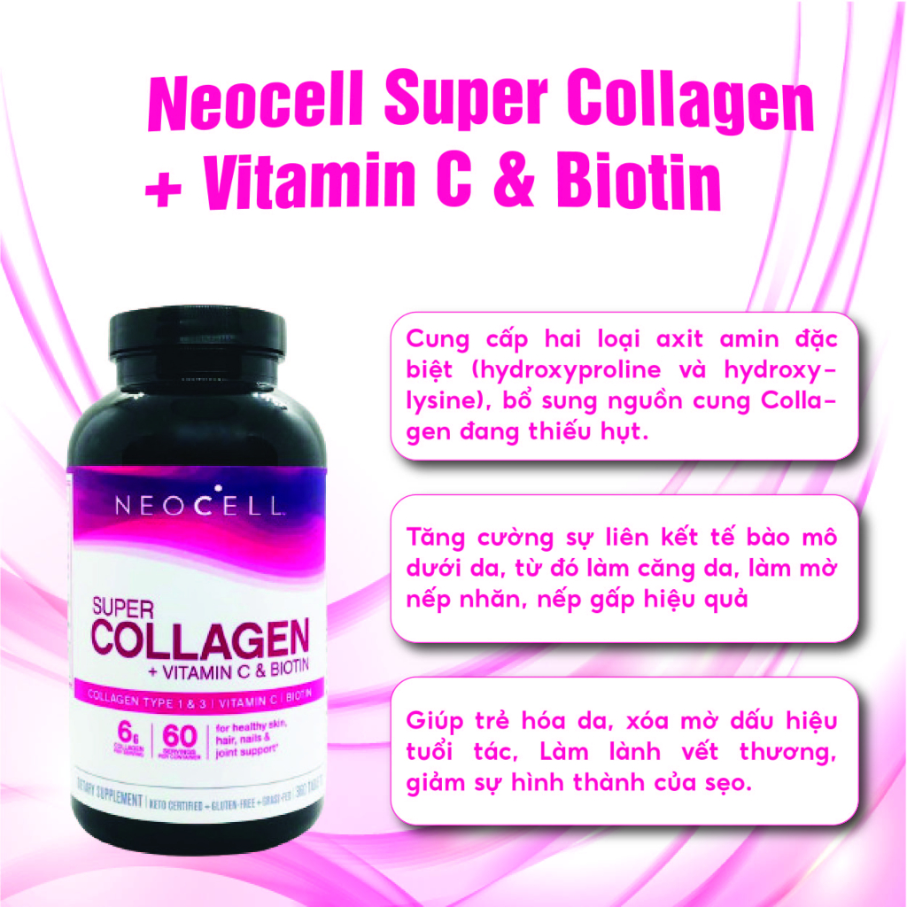 Viên uống bổ sung Collagen Neocell Super Collagen+C 360 viên của Mỹ Kirkland Signature giúp nuôi dưỡng chăm sóc da
