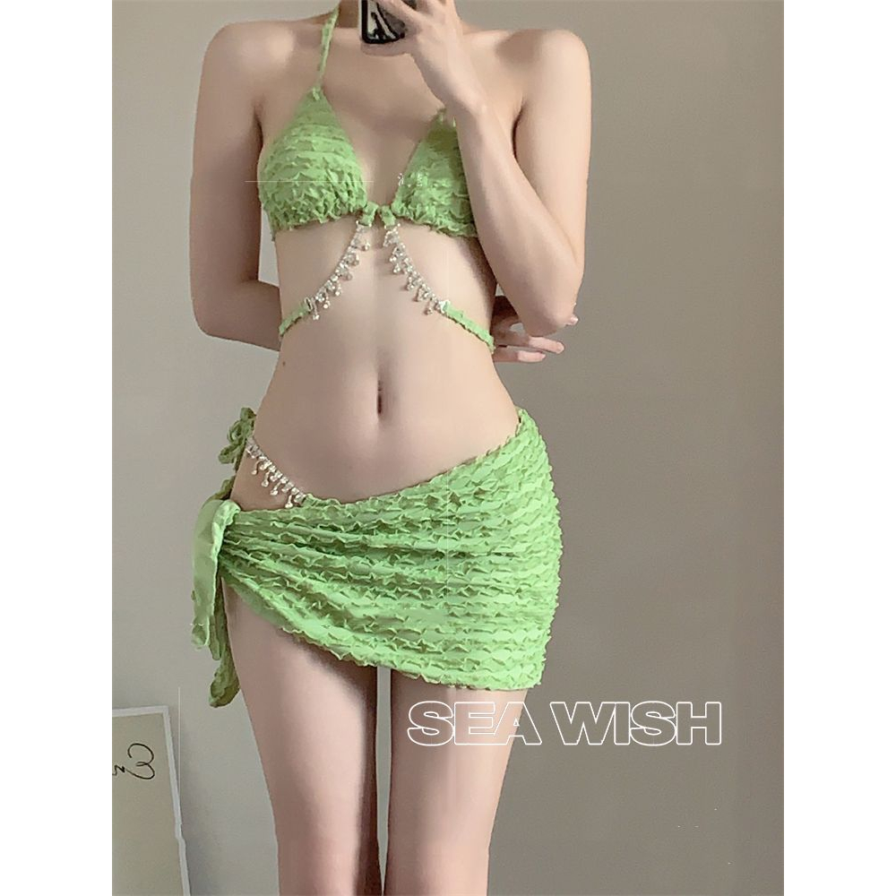 Set bikini 3 mảnh màu xanh cốm dây xích đã bling bling