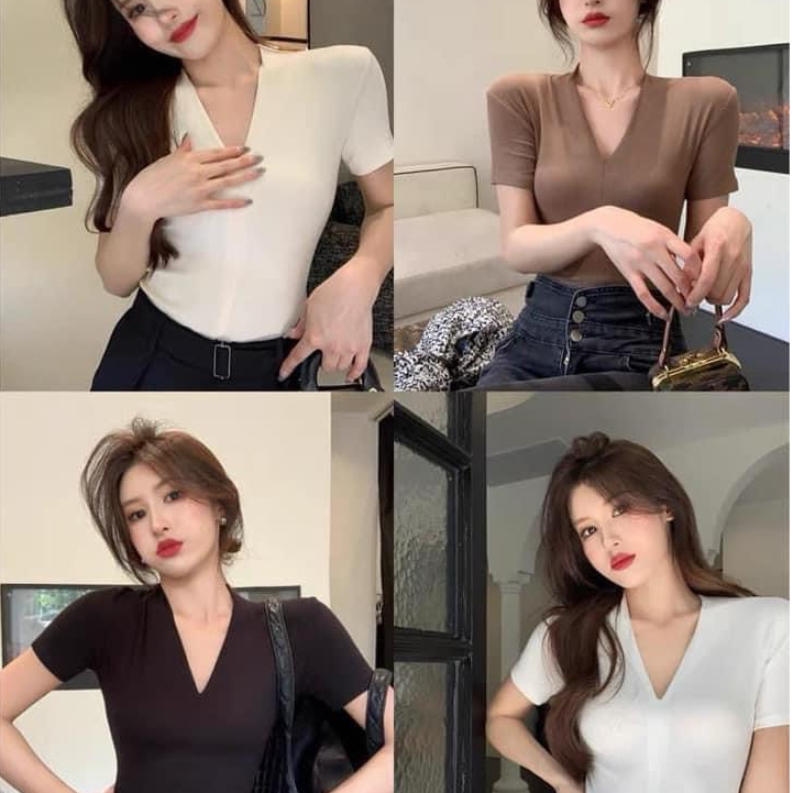 Áo Thun Tay Ngắn Cổ Chữ V Dáng Ôm Co Giãn Phong Cách Retro Thời Trang Cho Nữ -Tinahouse.2021