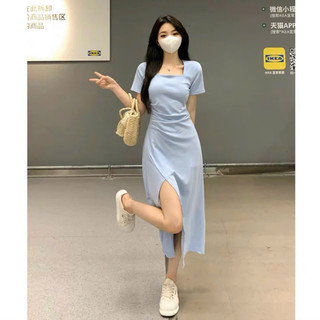 Đầm cổ vuông xẻ tà 2 màu (kèm hình thật)