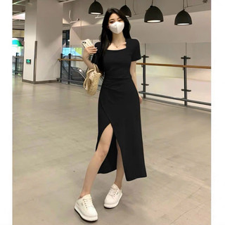 Đầm cổ vuông xẻ tà 2 màu (kèm hình thật)