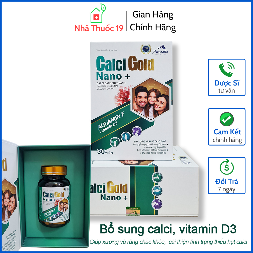 Calci Gold Nano+ Hộp cứng 30v giúp bổ sung canxi, vitaminD3 cho trẻ từ 6 tuổi, người lớn, mẹ bầu, người đang cho con bú
