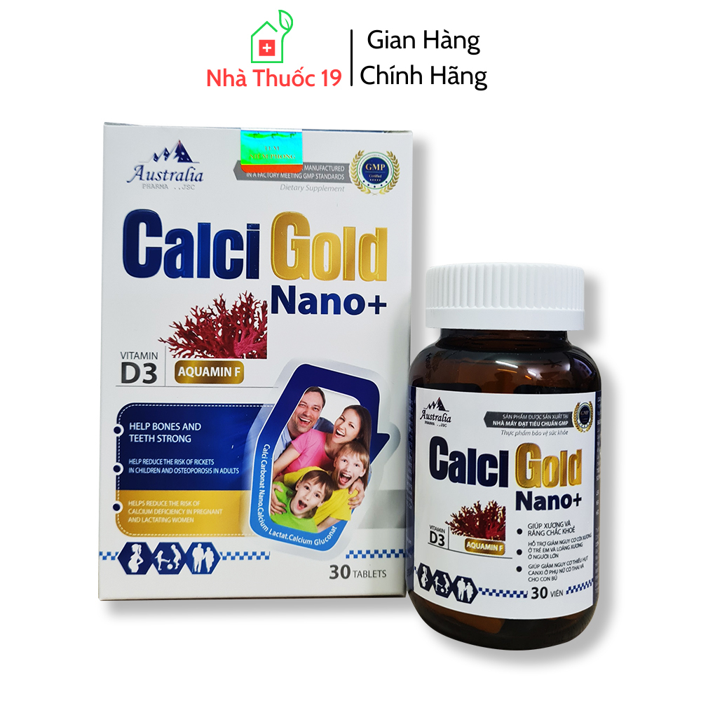 Viên bổ sung canxi, vitaminD3 Calci Gold Nano+cho trẻ từ 6 tuổi, người lớn, mẹ bầu, đang cho con bú - Hộp giấy 30v