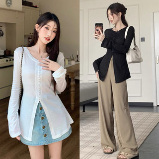 Áo thun mỏng dài tay khuy xẻm, áo body ôm thu đông