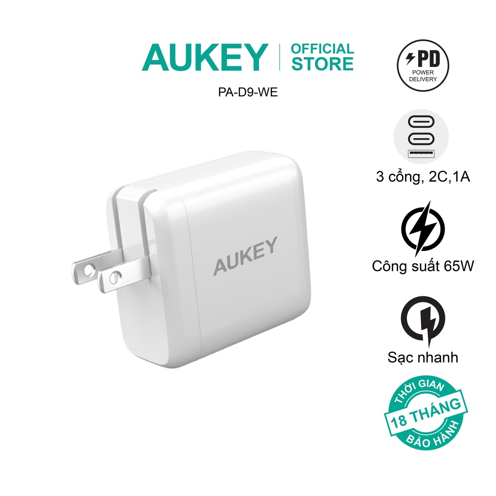 Combo sạc Aukey PA-D9 và cáp sạc CB-KCC102 sạc nhanh 65W nhỏ gọn dành cho Laptop và Macbook