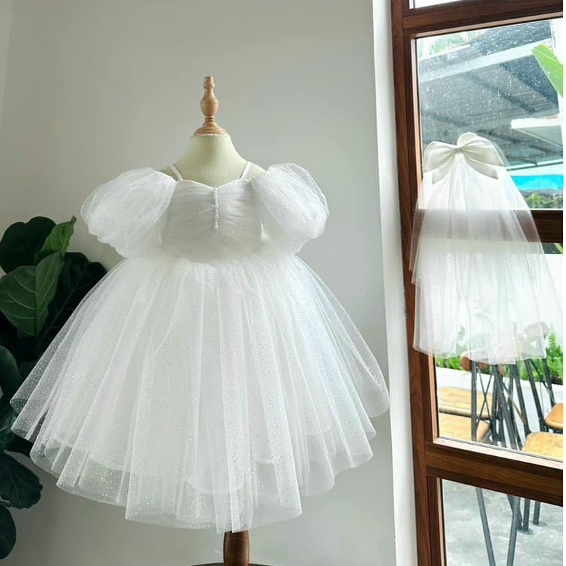 Váy Công Chúa Cao Cấp Tặng Kèm Khăn Voan Chùm Đầu Cô Dâu Cho Bé