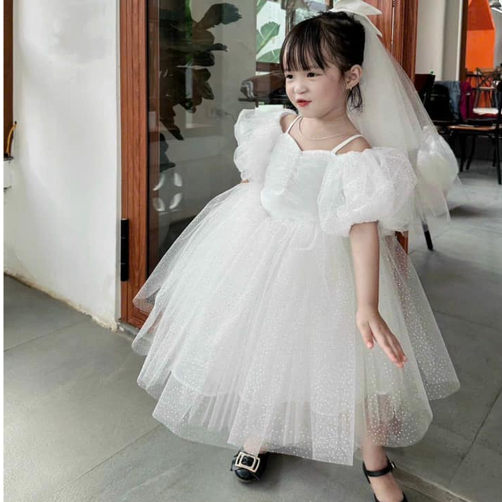 Váy Công Chúa Cao Cấp Tặng Kèm Khăn Voan Chùm Đầu Cô Dâu Cho Bé