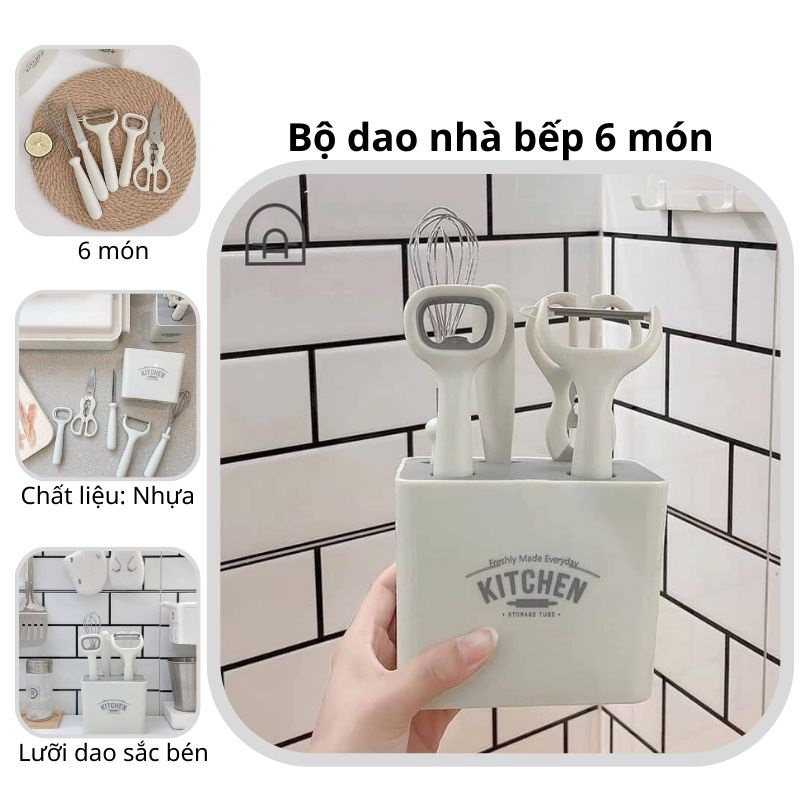 Bộ đồ dùng dụng cụ nhà bếp 6 món Korea Kitchen, bộ dao nhà bếp có kệ cắm kháng khuẩn cao cấp