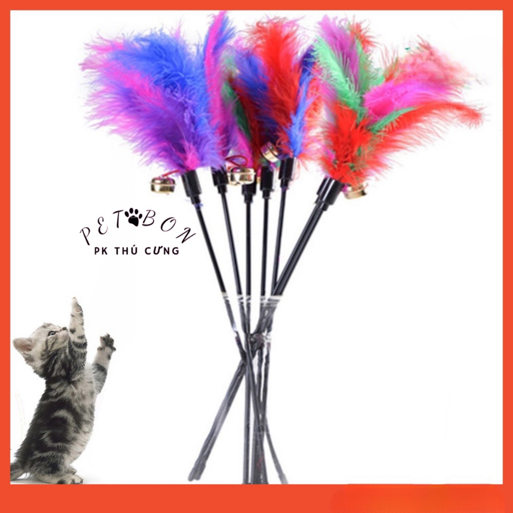 Đồ chơi cho mèo- Cần câu mèo lông vũ có chuông nhiều màu sắc