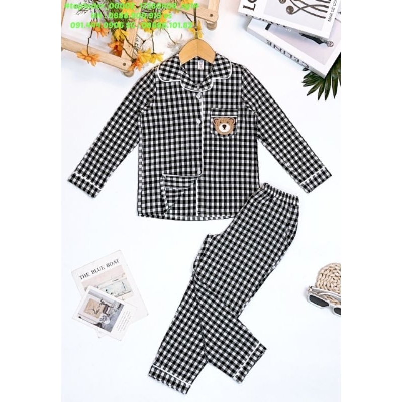 💖Hàng sỉ HN💖 Bộ pizama dài tay bé gái, chất thô kẻ cotton, túi hình gấu, size 5-10, top1order_00002_17280408_sg1