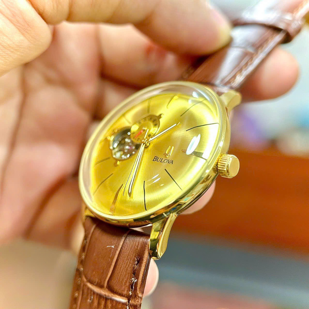 Đồng Hồ Nam Bulova Gold Dial Kính Cong Dây Da , Máy Automatic , Size 42mm