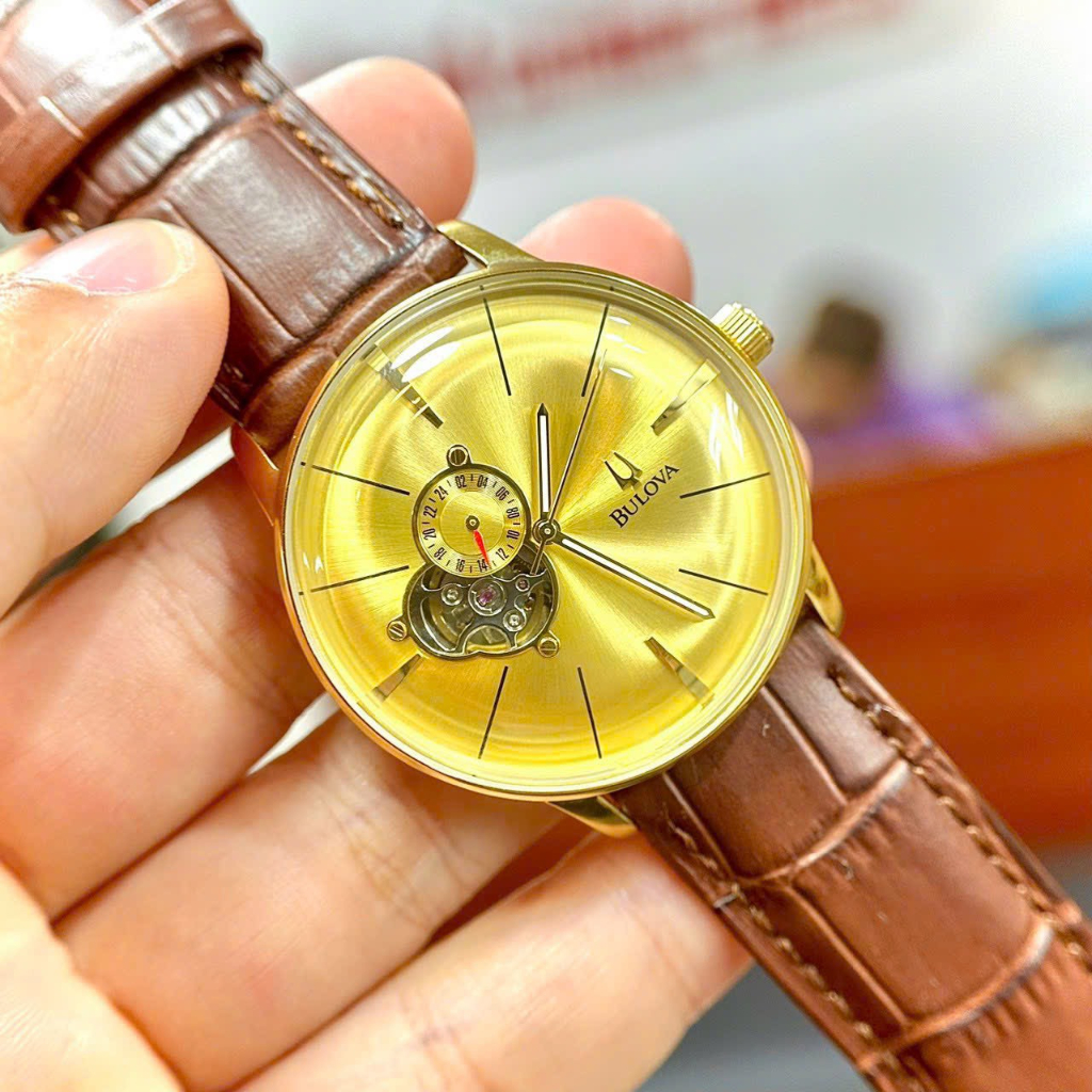 Đồng Hồ Nam Bulova Gold Dial Kính Cong Dây Da , Máy Automatic , Size 42mm