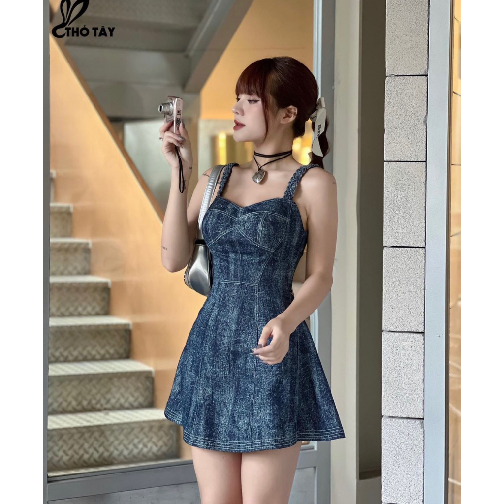 Đầm Váy Jean Cúp Ngực 2 Dây Thắt Bím Form Xòe Hack Dáng