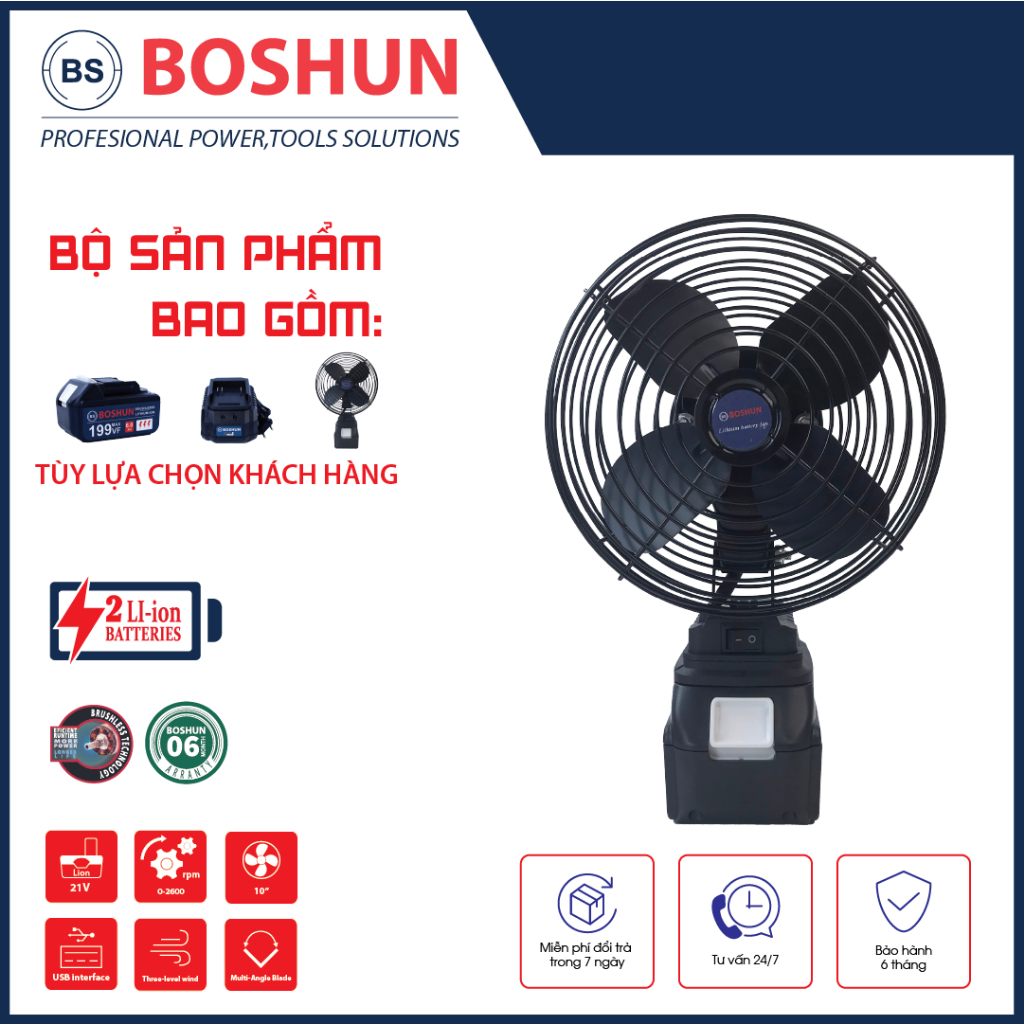 Quạt pin Boshun 199V pin 10 cell quạt liên tục trong nhiều giờ Bảo hành toàn quốc