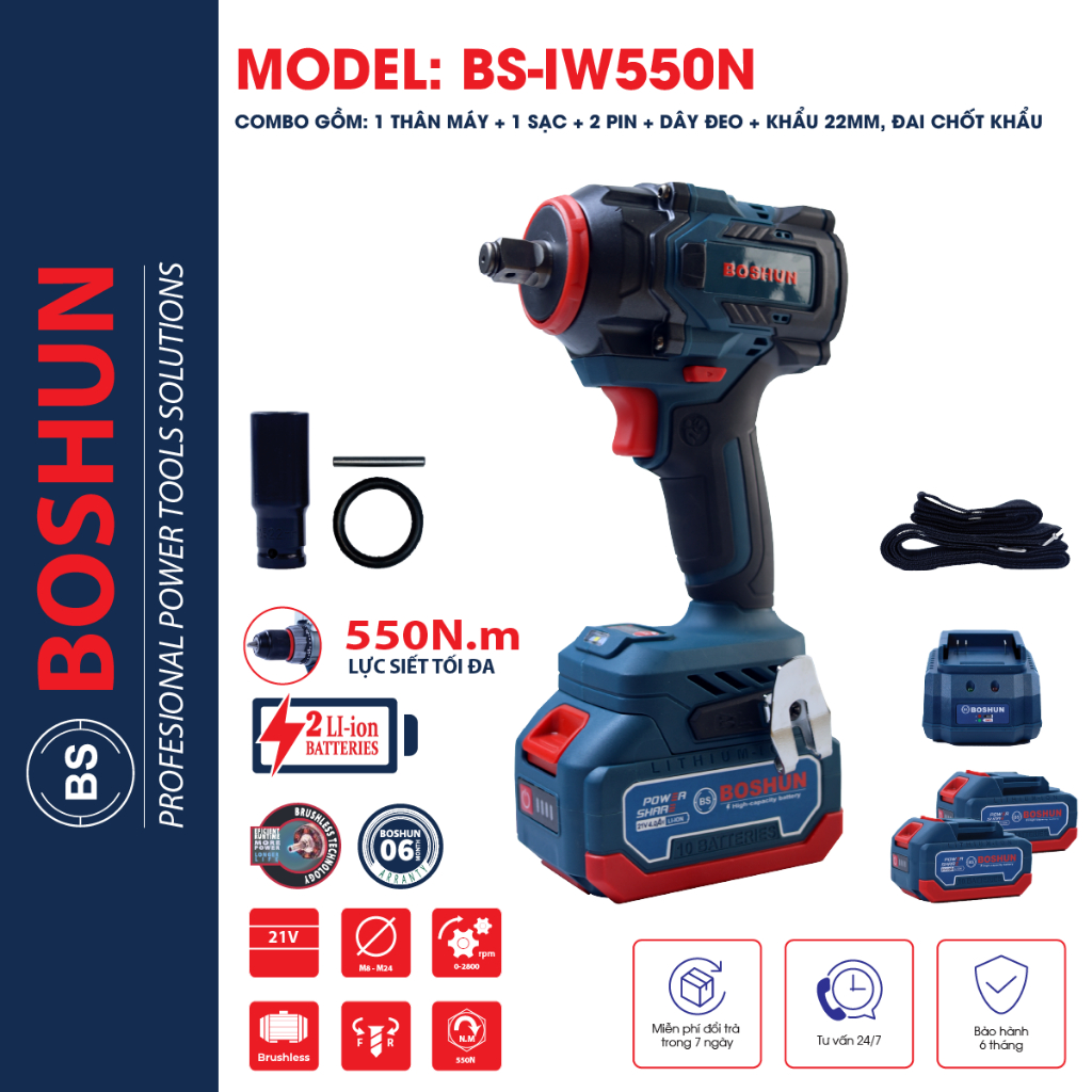Máy siết bulong BOSHUN BS-IW550N Lực siết 550N MỞ ỐC Ô TÔ TẢI DỄ DÀNG bảo hành chính hãng