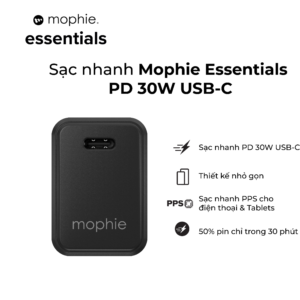 Cốc sạc nhanh mophie Essentials PD 30W type C - dành cho ip/nhà táo/Android