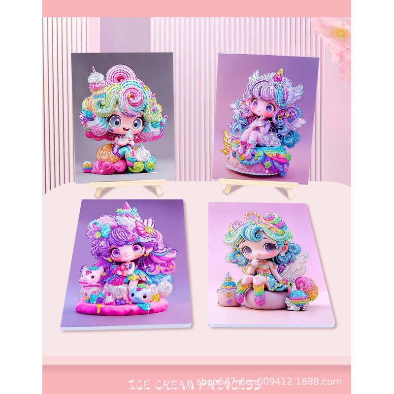 Tranh đính đá công chúa búp bê siêu đáng yêu 5D lấp lánh phát sáng kèm khung và phụ kiện, size 30cm