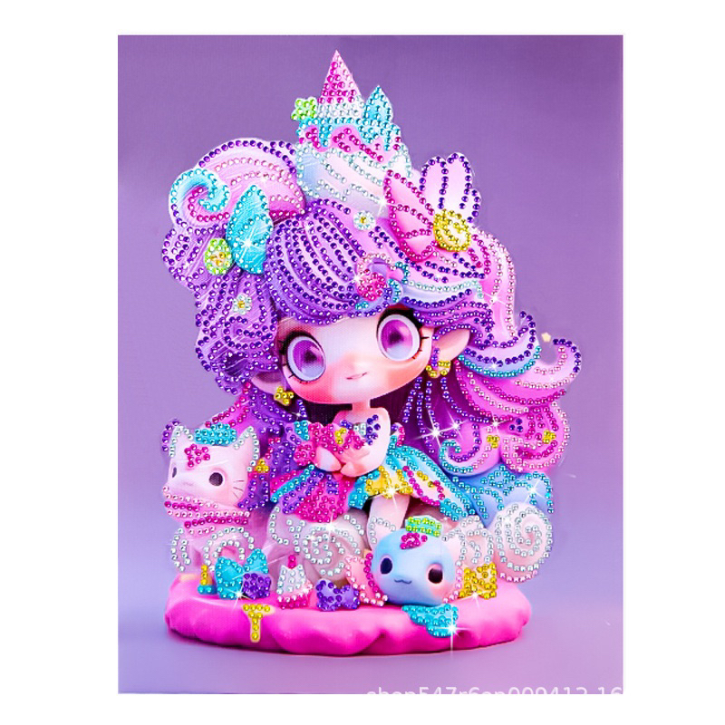 Tranh đính đá công chúa búp bê siêu đáng yêu 5D lấp lánh phát sáng kèm khung và phụ kiện, size 30cm