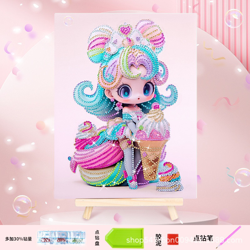 Tranh đính đá công chúa búp bê siêu đáng yêu 5D lấp lánh phát sáng kèm khung và phụ kiện, size 30cm