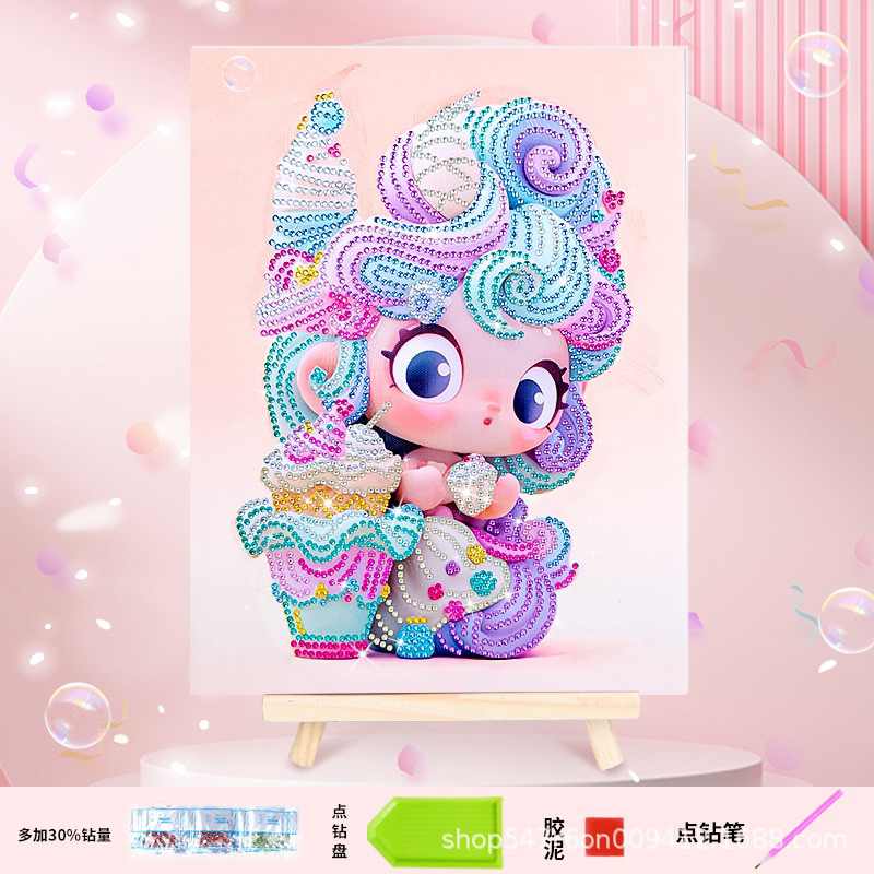 Tranh đính đá công chúa búp bê siêu đáng yêu 5D lấp lánh phát sáng kèm khung và phụ kiện, size 30cm