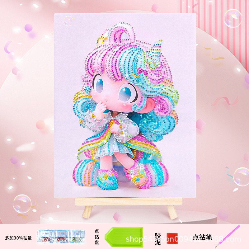 Tranh đính đá công chúa búp bê siêu đáng yêu 5D lấp lánh phát sáng kèm khung và phụ kiện, size 30cm