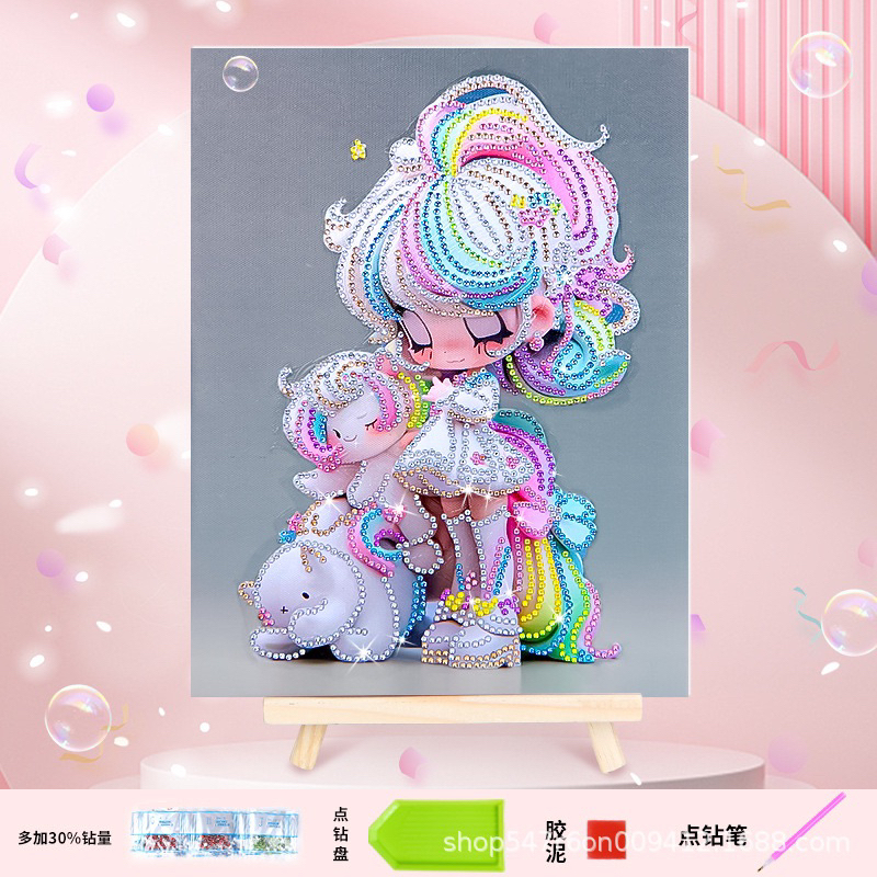 Tranh đính đá công chúa búp bê siêu đáng yêu 5D lấp lánh phát sáng kèm khung và phụ kiện, size 30cm