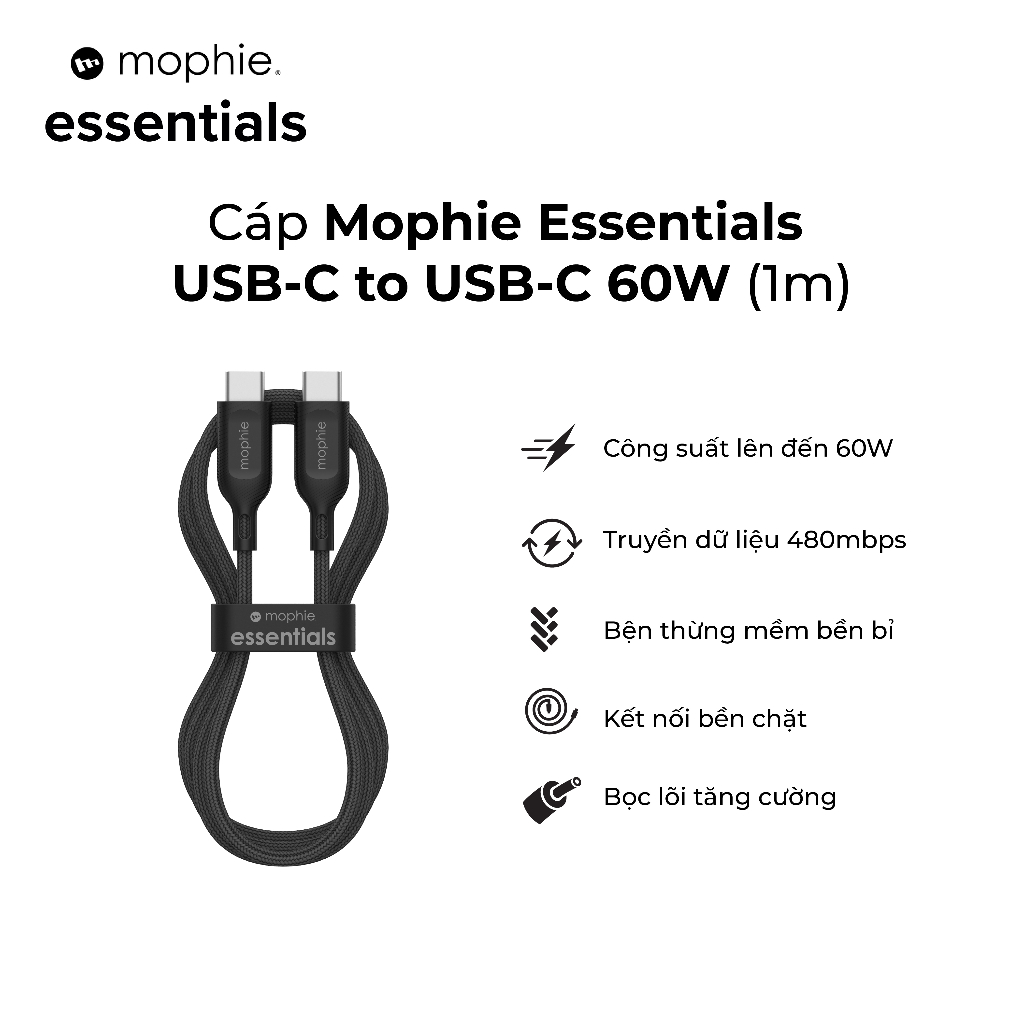 Cáp Mophie Essentials USB-C to USB-C 60W dài 1M/2M - sạc nhanh dành cho điện thoại, tablets