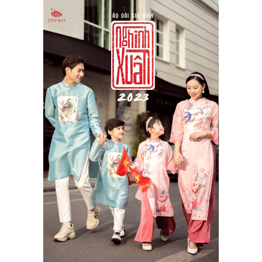 Áo dài cách tân gia đình Nghinh Xuân 2023 chất liệu tafta cao cấp - AN01