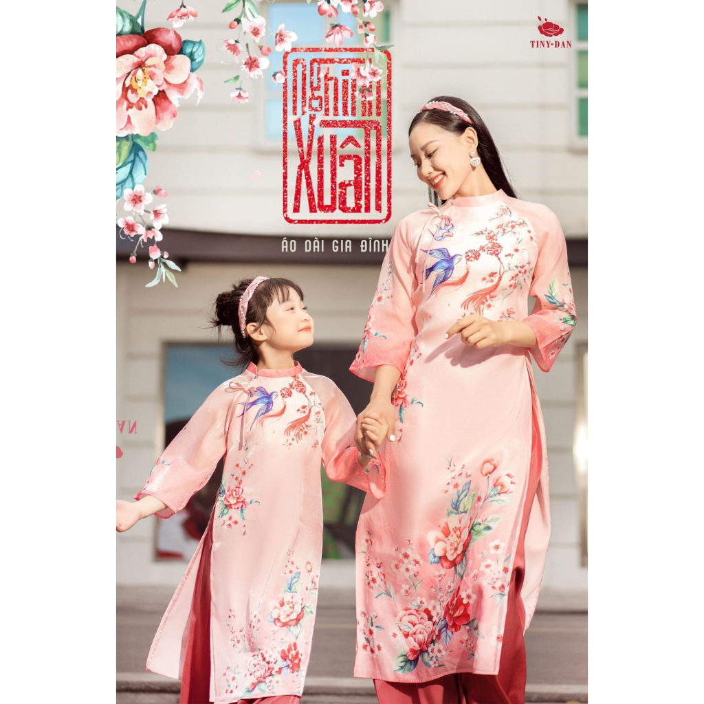 Áo dài cách tân gia đình Nghinh Xuân 2023 chất liệu tafta cao cấp - AN01