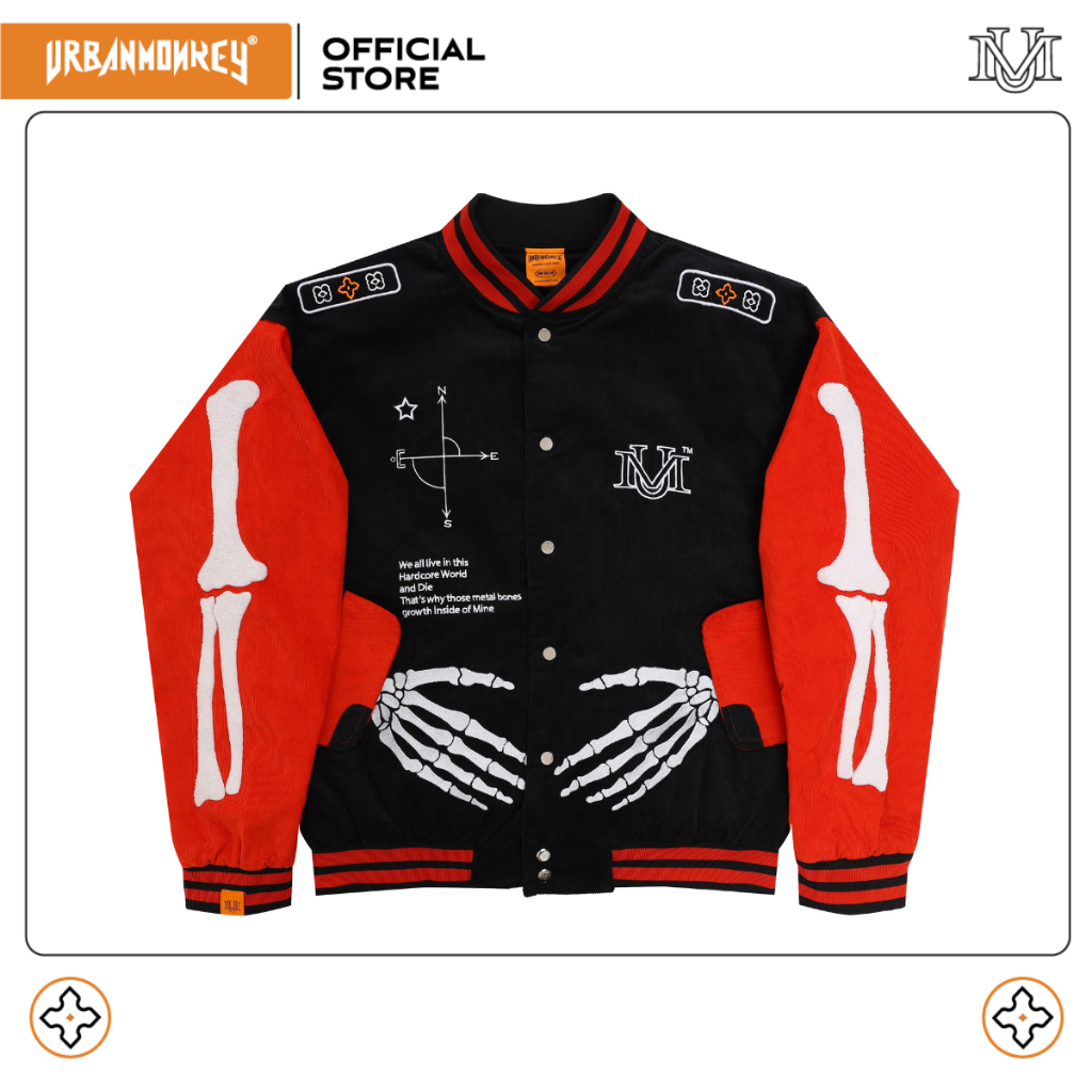 Áo Khoác URBAN MONKEY SKELETON Varsity Vải Nhung Tăm Cao Cấp Phối Black Neli