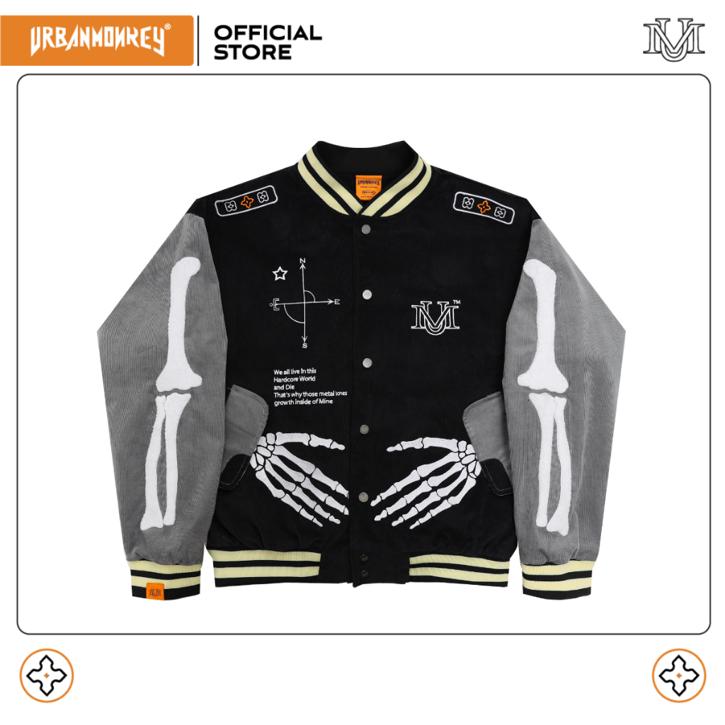 Áo Khoác URBAN MONKEY SKELETON Varsity Vải Nhung Tăm Cao Cấp Phối Màu Black/ Grey