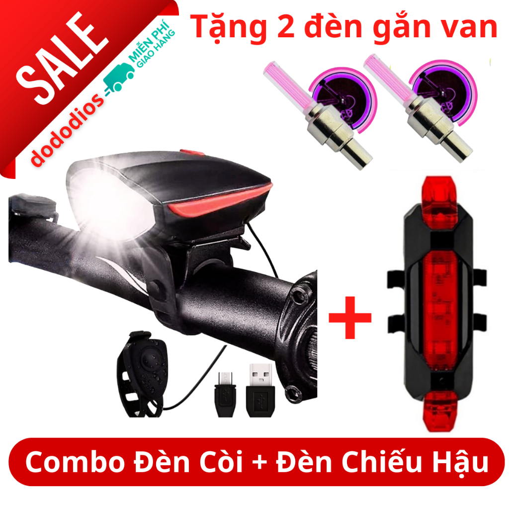 combo Đèn xe đạp thể thao siêu sáng có còi pin sạc chống nước + Đèn chiếu hậu cảnh báo mã 02 TẶNG 2 ĐÈN GẮN VAN XE