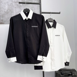 Áo sơ mi nam tay dài, sơ mi hàn quốc dài tay thêu chữ MENSWEAR, cổ trắng đen chất lụa mềm mịn
