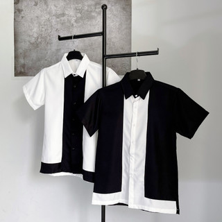 Áo sơ mi nam ngắn tay, sơ mi hàn quốc phối sọc trắng đen chất cotton lụa mềm mịn thoáng mát