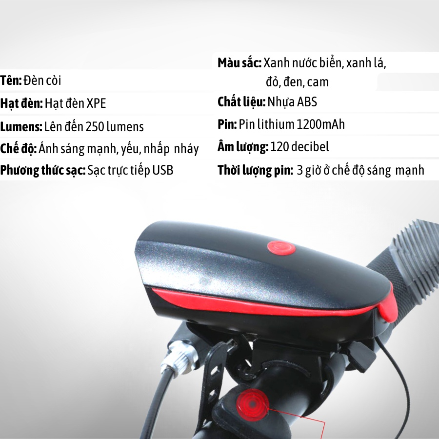 Combo Đèn xe đạp thể thao siêu sáng có còi pin sạc chống nước + Đèn chiếu hậu cảnh báo mã 02 TẶNG 2 ĐÈN GẮN VAN XE