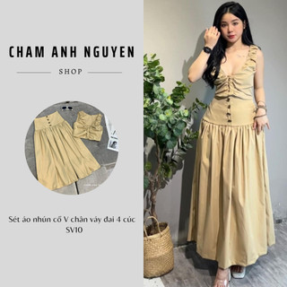 Sét áo nhún cổ v chân váy dài 4 cúc