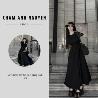 Váy maxi tay kẻ sọc lưng lưới - v7