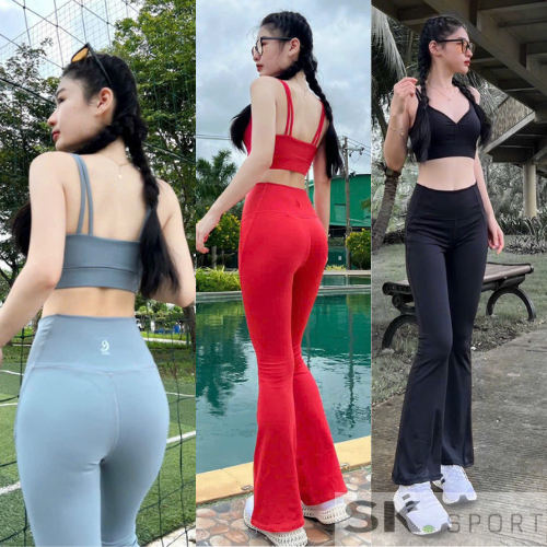 Đồ tập gym yoga nữ, set bộ thể thao áo bra kèm mút quần dài ống loe
